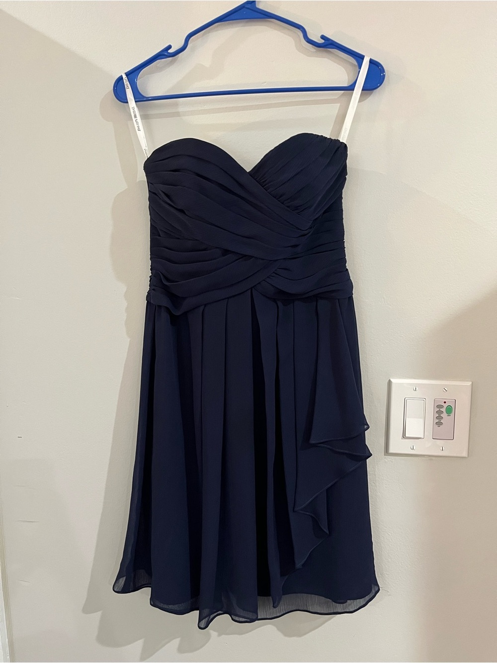David's Bridal Strapless Navy Chiffon A-Line Dress